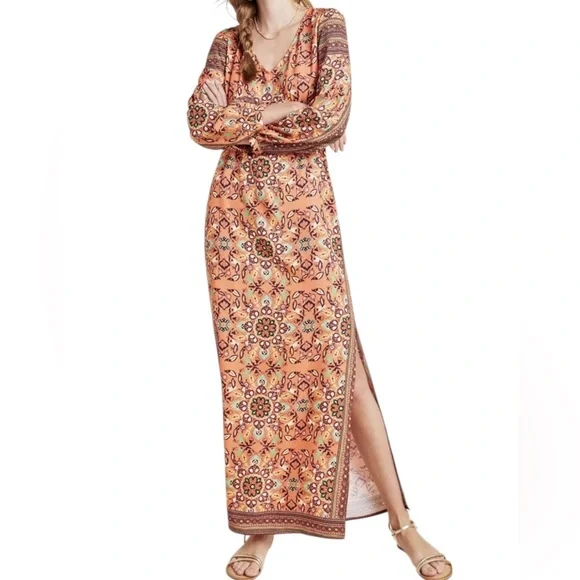 Farm Rio Anthropologie Clarabella Orange Floral Long Sleeve Maxi Dress M - Picture 1 of 12